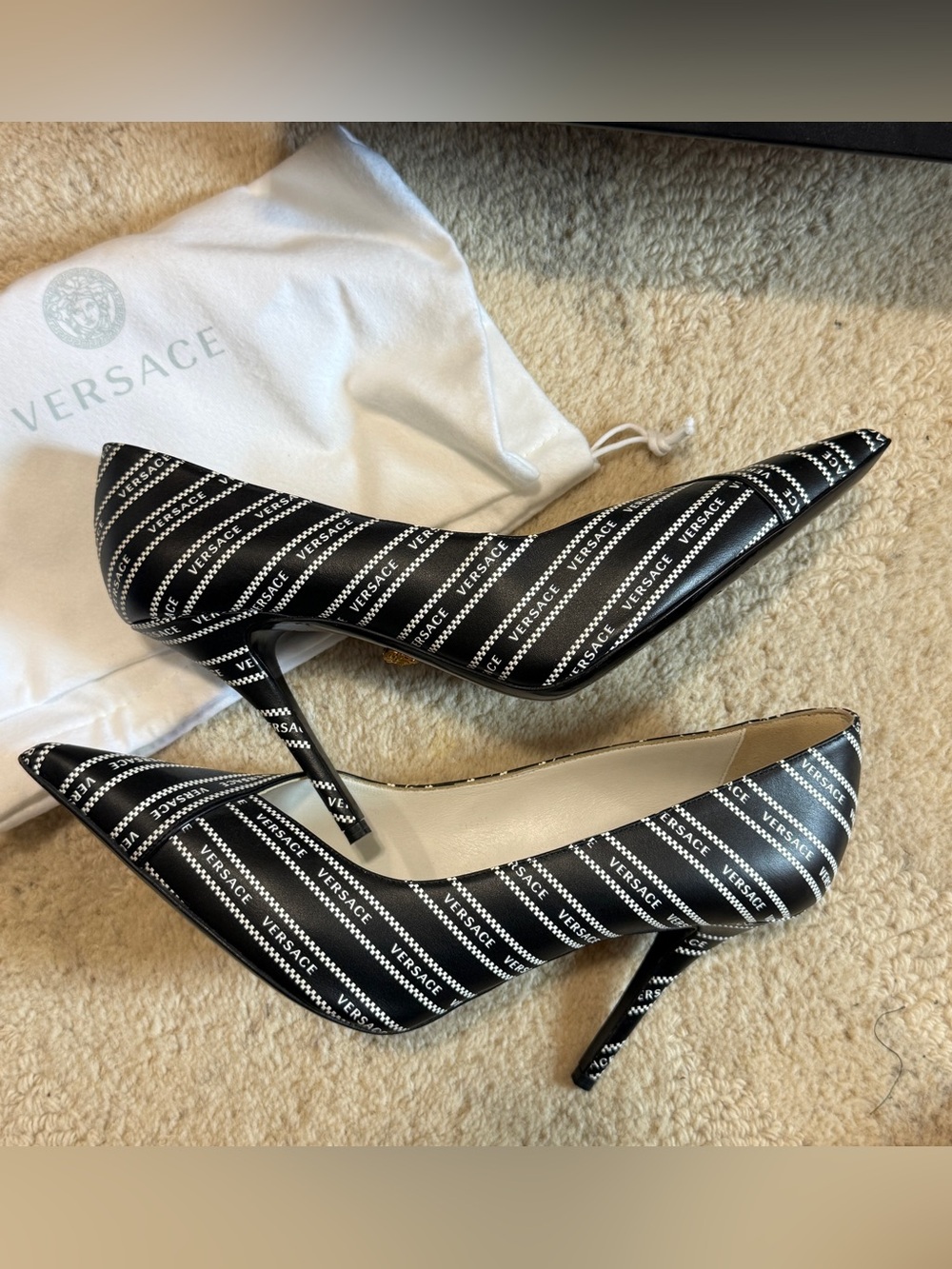 Versace Nastro Black and White Logo Stripe Pointed-Toe Stiletto Pumps EU 41